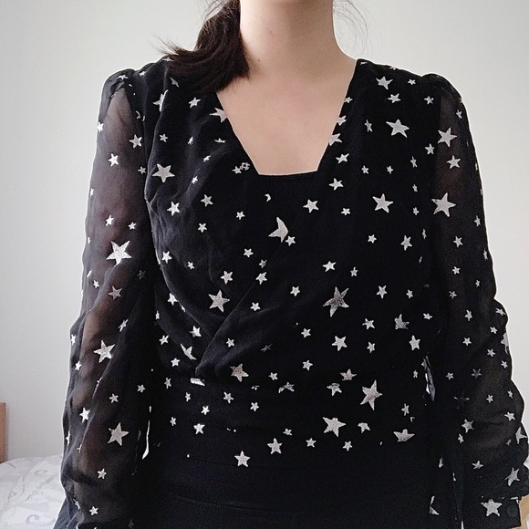 Grace Chow Black Star Patterned Wrap Crop Top - S - Picture 3 of 7